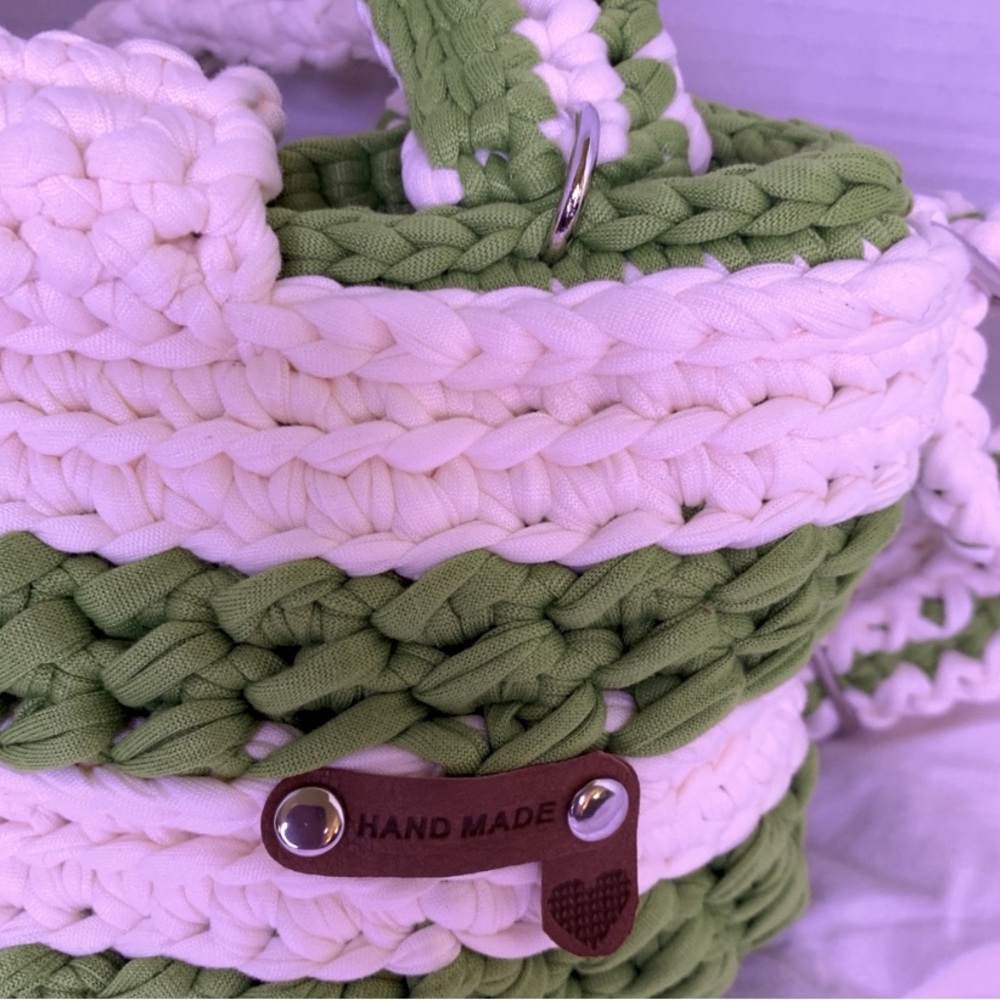 Handmade Crochet Bag Green and White Handwoven Crossbody with stripes - Picture 10 of 11